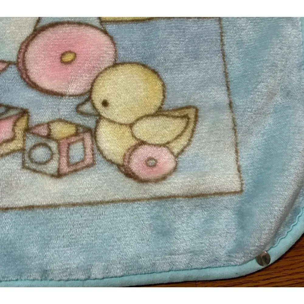 Casa Imports Baby Blanket Acrylic Plush Blue Pastel Bear Rocking Horse Spain VTG